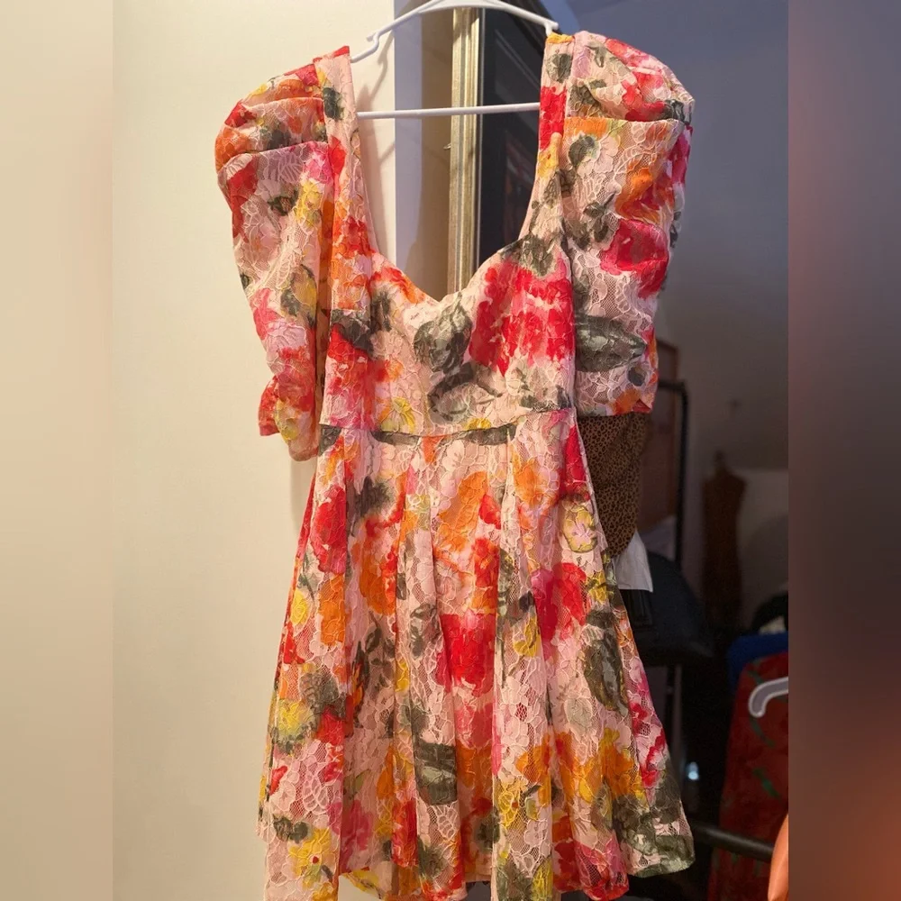 For Love & Lemons Dascha Puff Sleeve Mini Dress Light Pink Floral Lace Large NWT - Picture 5 of 16